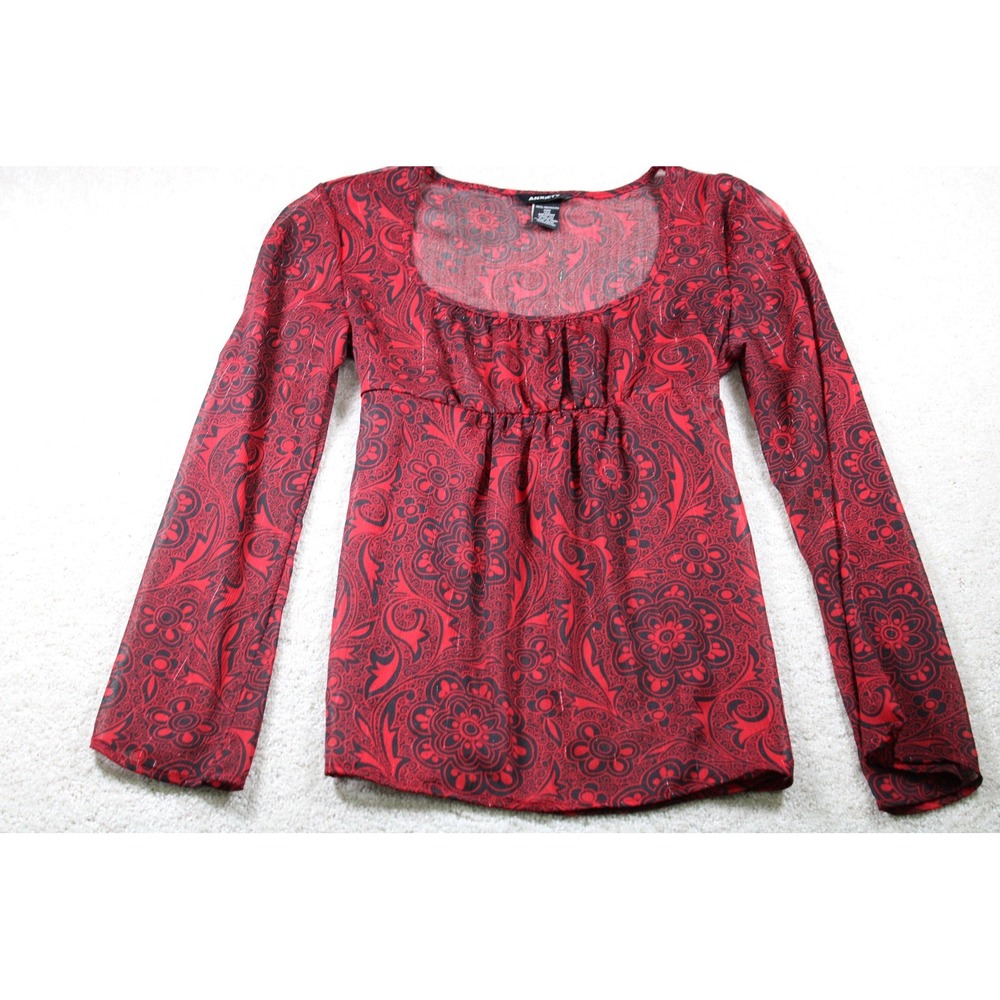 Anxiety Top Womens M Red Black Floral Boho Peasant Sheer Mesh Babydoll Fairy